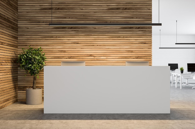 Long white reception table with computers standing in a wooden wall company lobby with a concrete floor. A tree in a pot in the corner. 3d rendering mock up