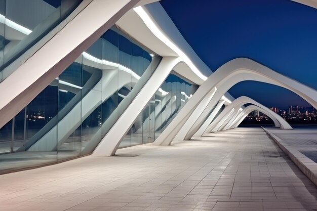 Photo a long and wide corridor at night at architecture modern building