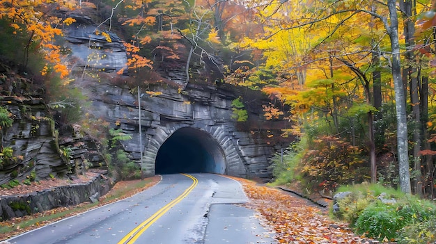 Photo a long and winding road disappears into a dark tunnel the trees on either side of the road are in full autumn foliage