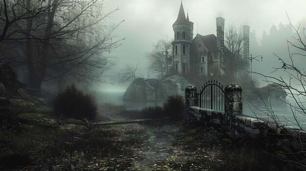 Photo a long and winding road leads to a creepy old mansion the mansion is surrounded by a dark and gloomy forest