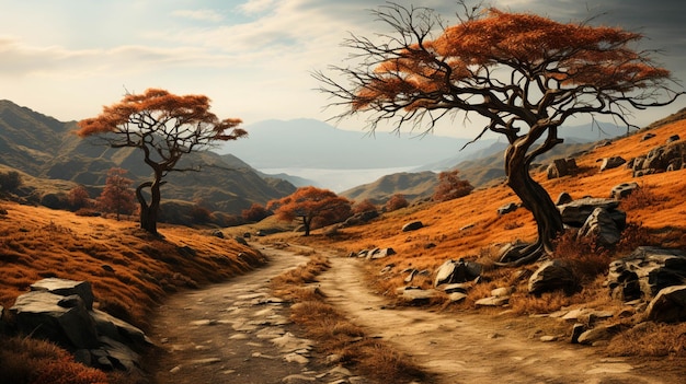 A long winding road surrounded by dry trees