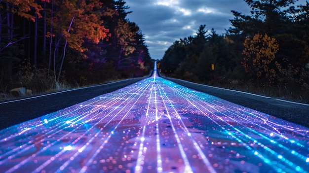 Photo a long winding road with a blue led light that says  the road is lit up