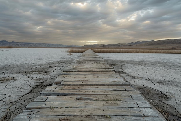 A long wooden bridge spans a dry barren landscape