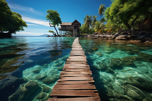 Foto un lungo molo di legno in mezzo a un corpo d'acqua in un'isola esotica