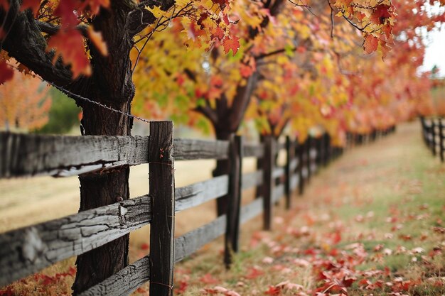 Photo long wooden fence with trees colorful leaves beautiful autumn