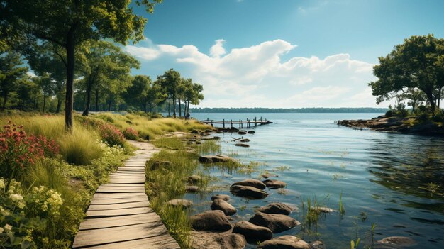 Photo a long wooden path leading to the water with meadow