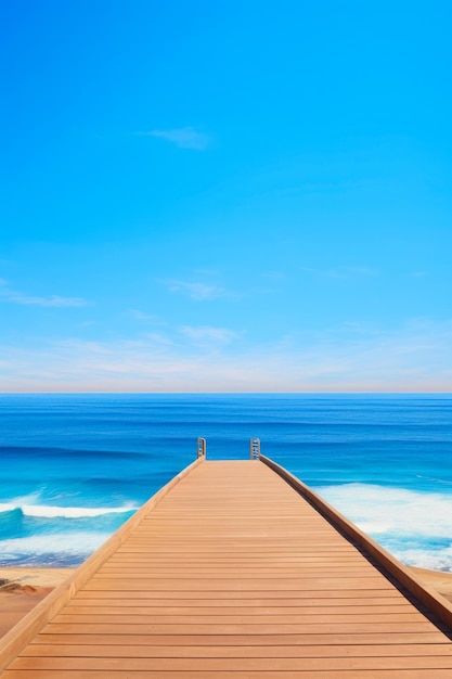 Photo long wooden pier extending into the ocean with waves crashing in the background generative ai