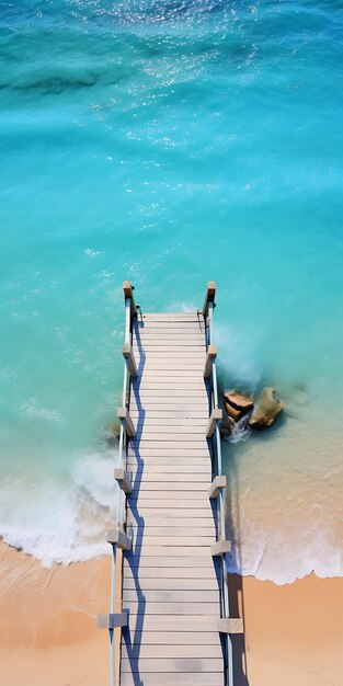 a long wooden pier with a blue water and a blue sky