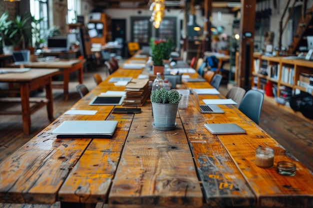 Long Wooden Table With Laptops