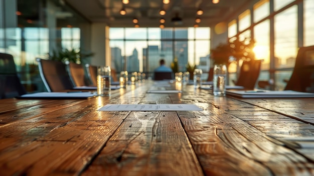 Photo long wooden table with tablet