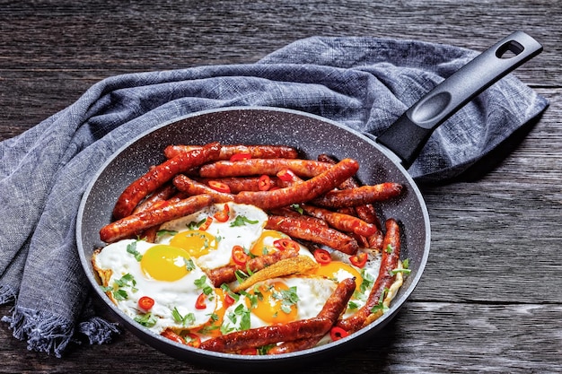 Longaniza con huevos、木製テーブルのフライパンに目玉焼きを添えたソーセージの朝食、上からの水平方向の眺め、メキシコ料理