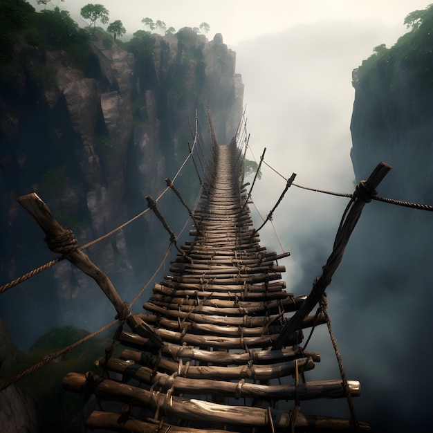 The longest and highest terrifying bridge made of broken wood planks and fraying rope
