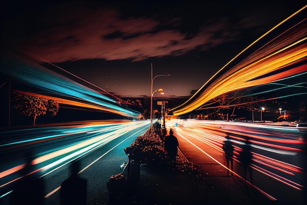 Longexposure night scene with bright streaks of light from passing cars and people