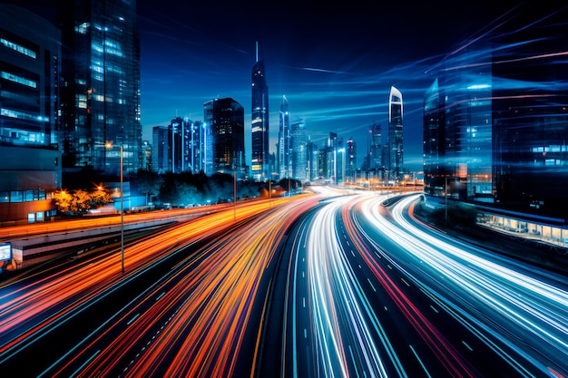 Longexposure photograph capturing a bustling highway or main street in a contemporary or futuristic