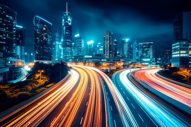 Longexposure photograph capturing a bustling highway or main street in a contemporary or futuristic