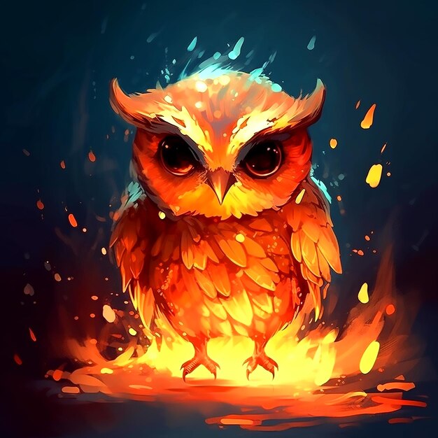 A longeyed owl in a glowing fire