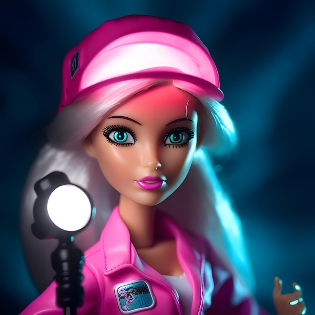 Foto barbie dai capelli lunghi in un vestito rosa con un riflettore in mano