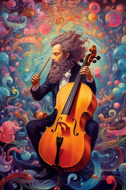 Длинноволосый бородатый музыкант, играющий на большой виолончели.