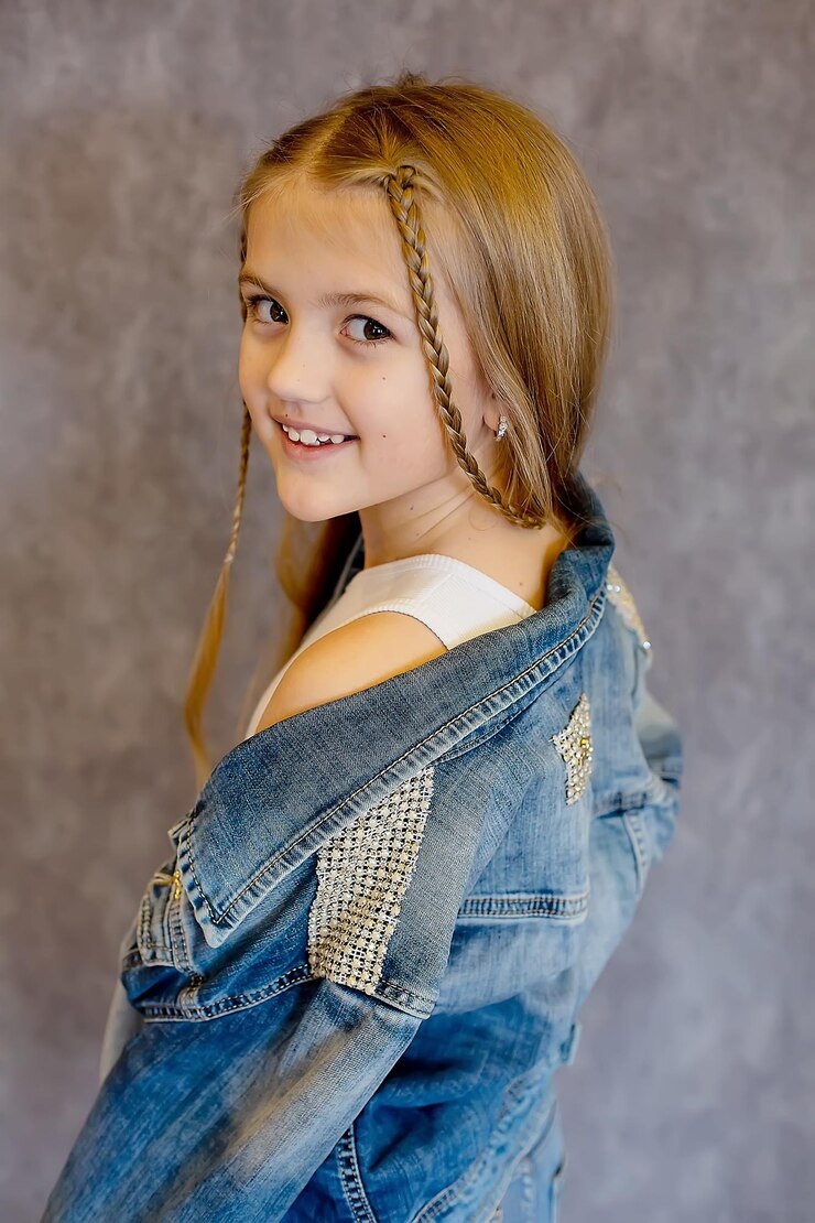 A longhaired blonde girl with big eyes in a white Tshirt and a denim jacket
