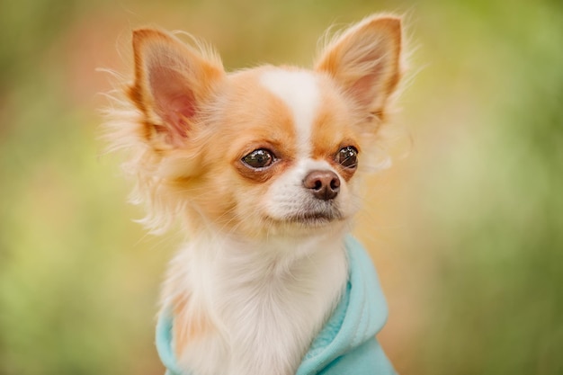 A longhaired chihuahua of in a blue hoodie in spring or autumn Animal