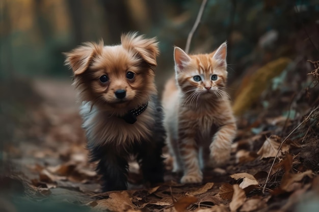 Longhaired Kitten And Shorthaired Puppy Wander Generative AI