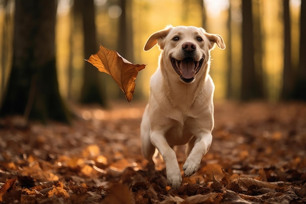 A longhaired Labrador dog is running in the autumn forest yellow leaves are flying