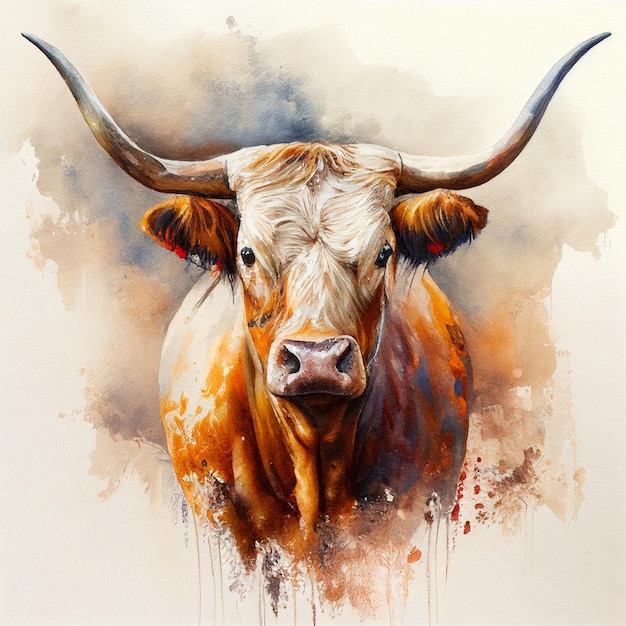 Longhorn cow face watercolor Generative Ai