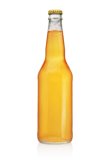 Longneck Beer bottle isolated. Transparent, without label, water drops.