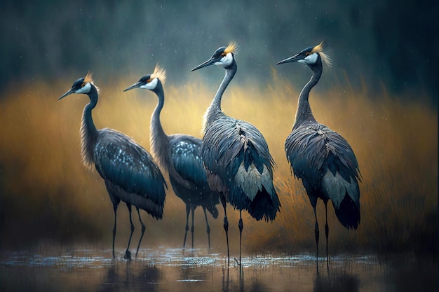 首の長い暗い灰色の鶴の鳥が水の中で細い足の上に立つ