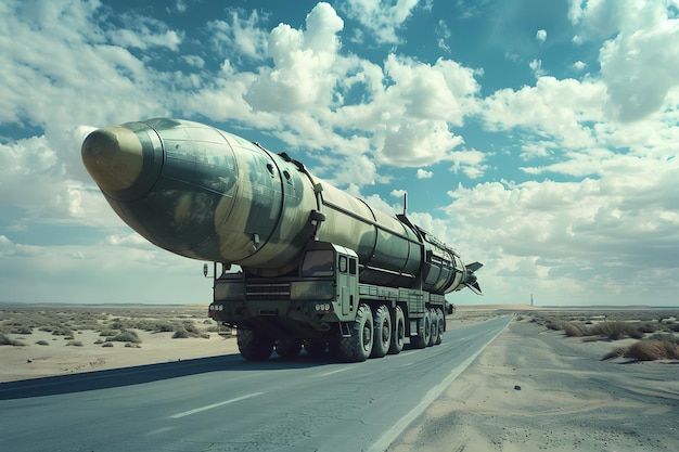 A longrange ballistic missile on the road in the desert