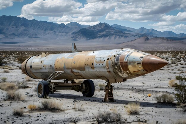 Photo a longrange ballistic missile on the road in the desert
