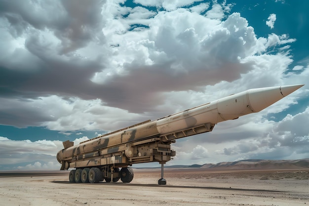 Photo a longrange ballistic missile on the road in the desert