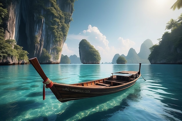 Longtail boat floating on transparent water