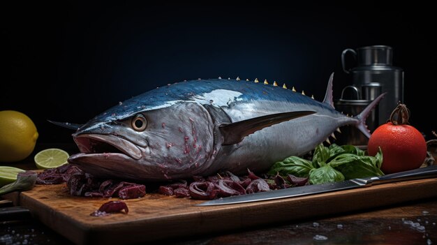 Longtail tonijn of noordelijke blauwvintonijn op het keukengerei