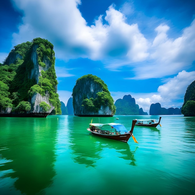 LongTailed Boats in Turquoise Crystal Waters with Mountain Backdrop