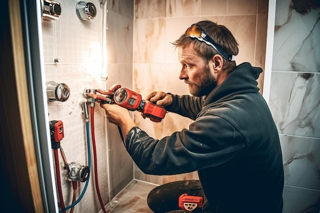 Foto loodgieter installeren douchecabine werk in badkamer foto van hoge kwaliteit