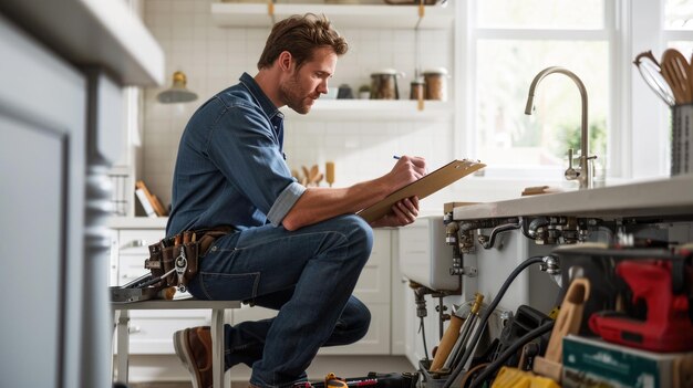 Loodgieter of onderhoudsmedewerker die een gootsteen in de keuken inspecteert of repareert