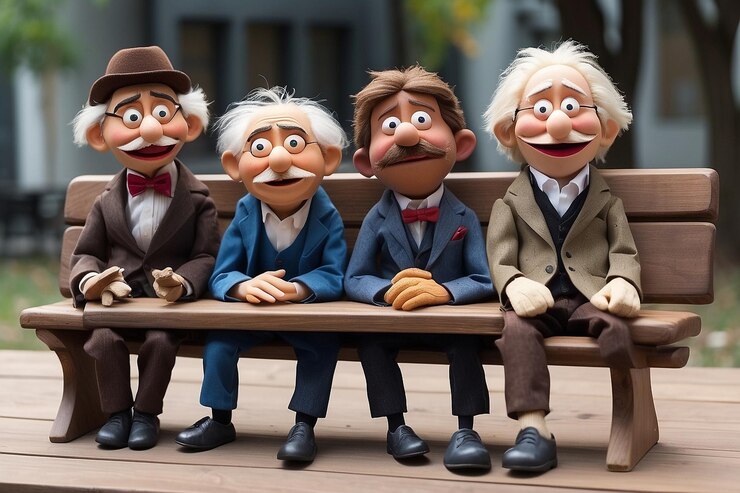 Photo look on drunkard puppets sitting on brown bench