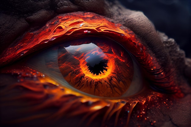 Photo look of eye made from molten lava generative ai