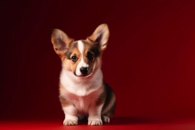 Look into my eyes welsh corgi pembroke puppy is posing cute fluffy doggy or pet is sitting isolated on red background studio photoshot negative space to insert your text or image
