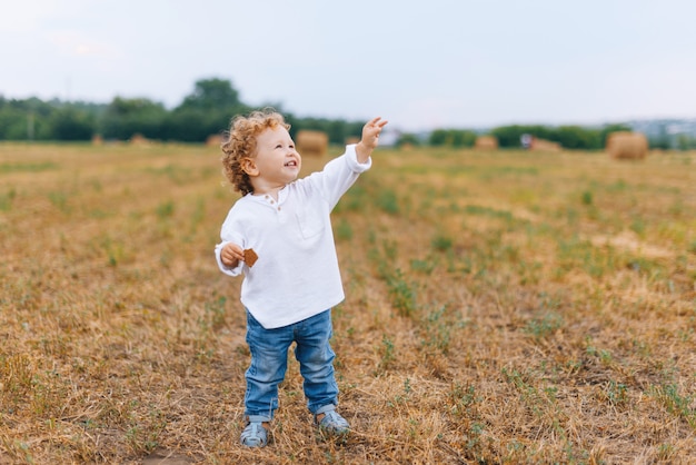 Look! A plane! Little young curly boy  pointing to the sky, standing on a field looking excited, smiling.