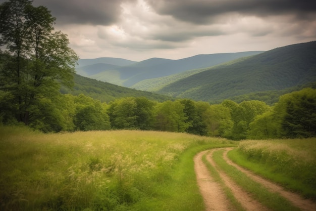 バージニア州の山々と美しい植生を道路の上から眺める ジェネレーティブ AI