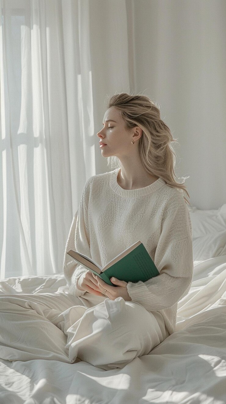 카메라에서 멀리 쳐다보는 은 미니멀 인테리어 40대 여성, 금발, 가운 은 배경