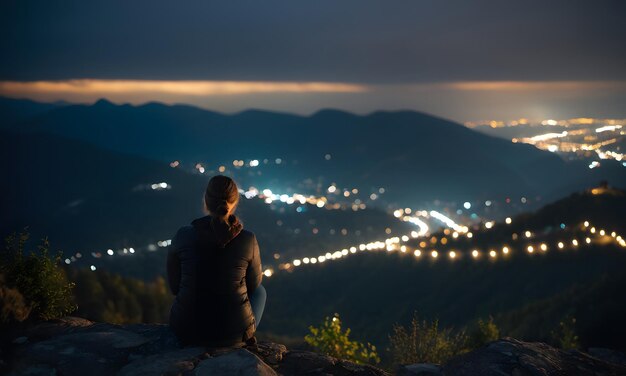 山の頂上から夜の街を眺める AI生成