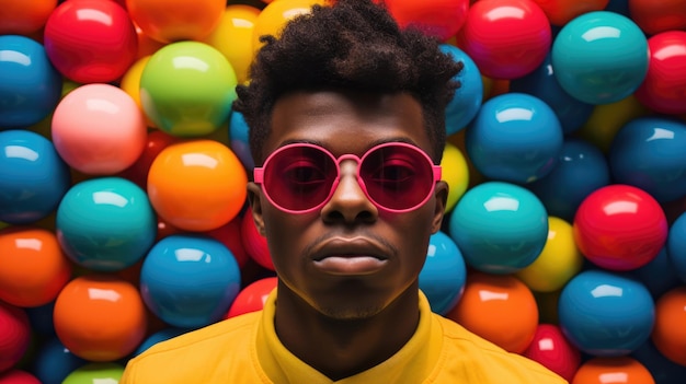 Looking cool young black man face on vibrant balls background