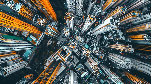 Photo looking down at a busy city street from above with skyscrapers and cars