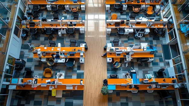 Looking down on a busy office floor with cubicles and workstations