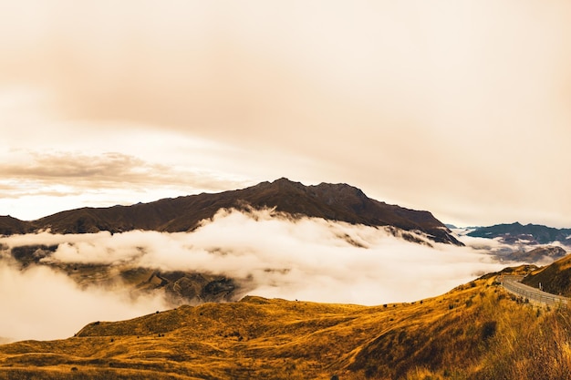 looking down to the cloud covered valley below crown range