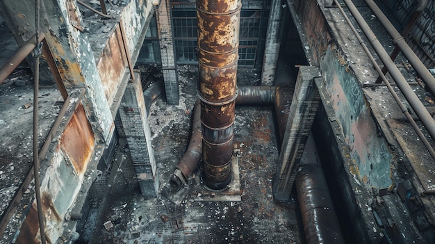 Photo looking down at an old abandoned factory the walls are covered in graffiti and the floor is littered with debris