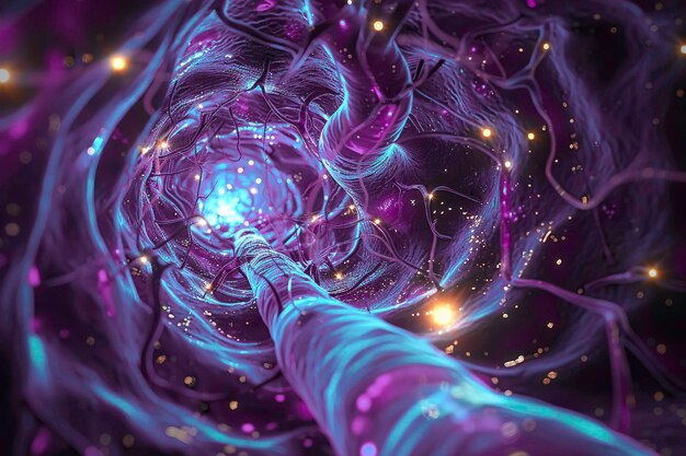 Looking down on a purple glowing neural network within a cylindrical tube large neuron